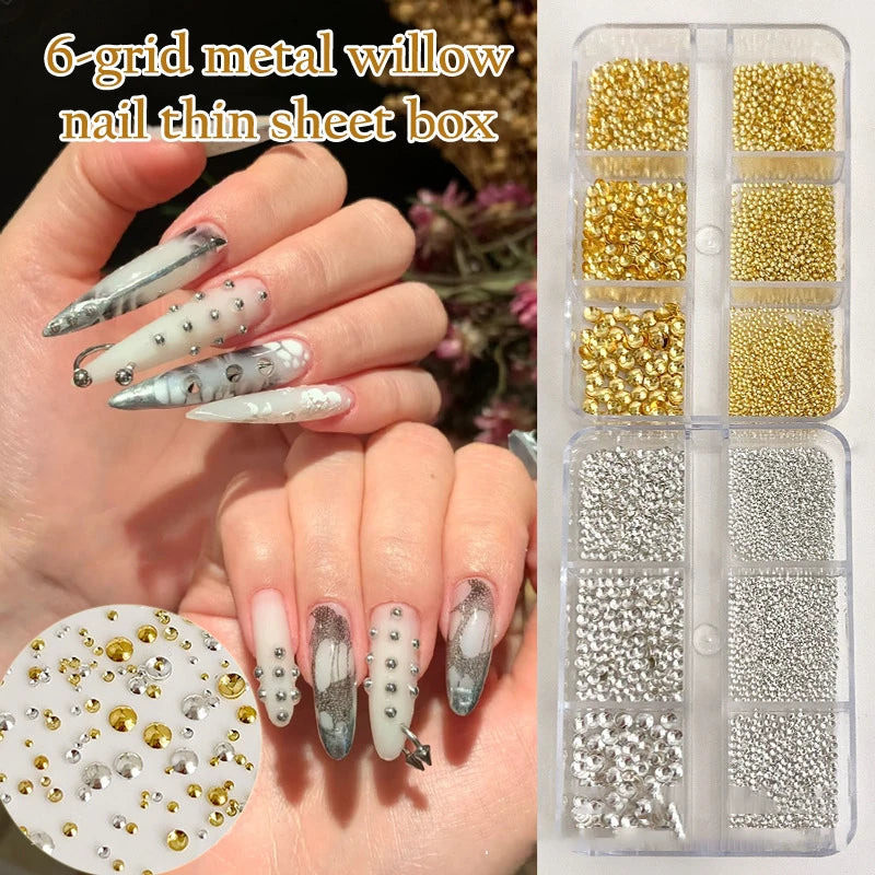 Gold Silver Half Round Rivet Nail Charms – 6-Grid Metal Beads Nail Art Charms Qst