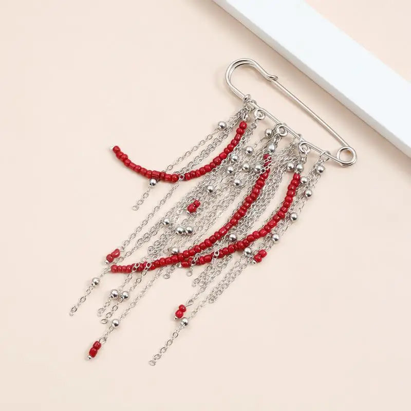 Retro Beaded Fringed Chain Brooch Pin – Exaggerated Style Beaded Brooch Pin Qme