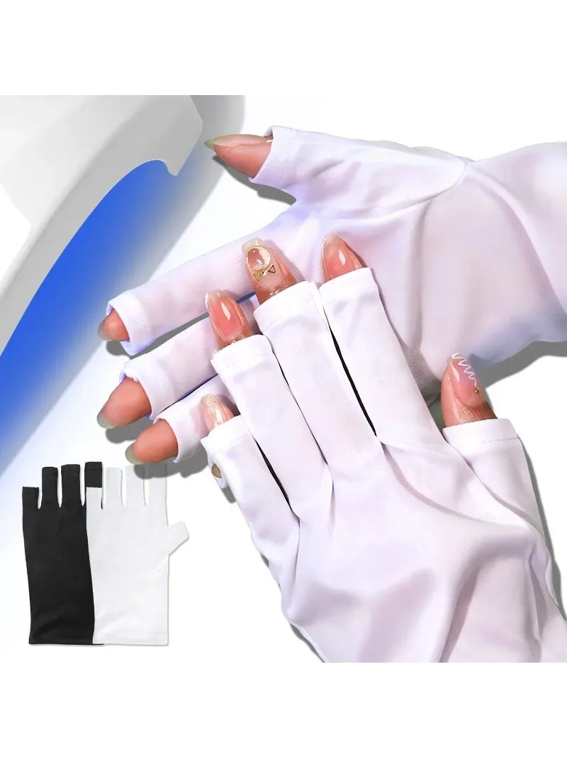 UV Manicure Gloves – Fingerless Gel Nail Art Hand Protection Manicure Protection Gloves Qme 1pair-white