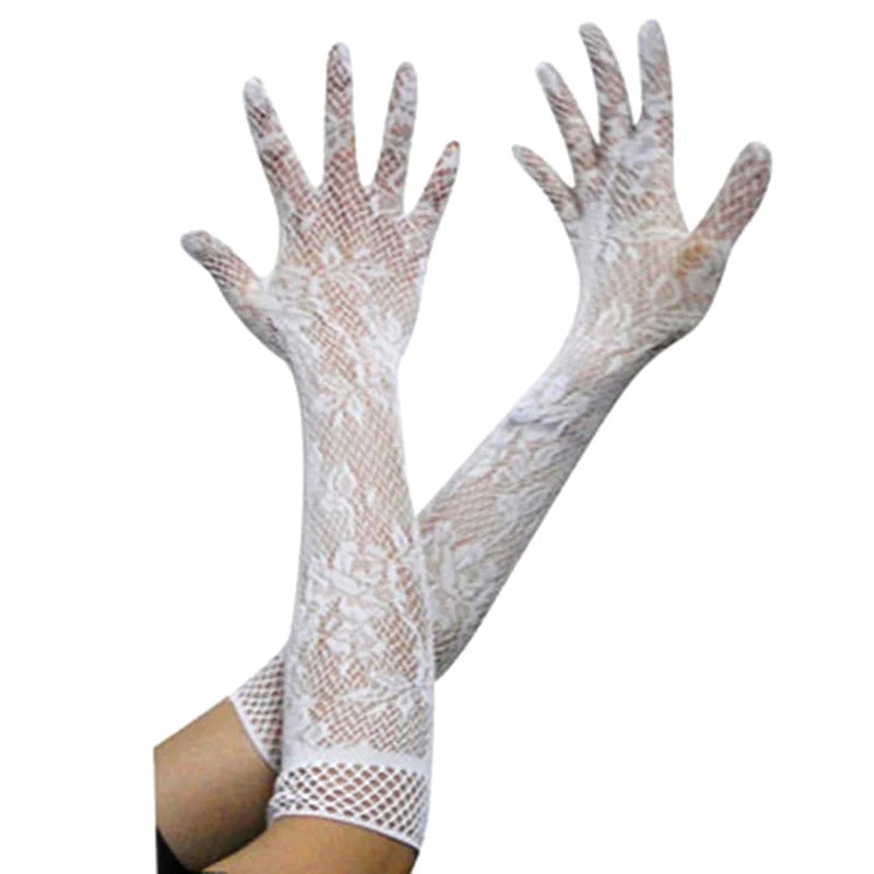Women's Sheer Lace Fishnet Gloves – Stretchy Elbow Length Fashion Lace Gloves Qst White
