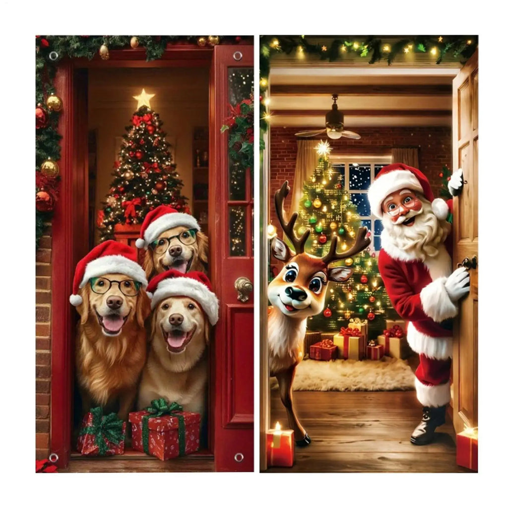 Christmas Front Door Cover 2D Holiday Decoration Banner Holiday Door Decoration Qme