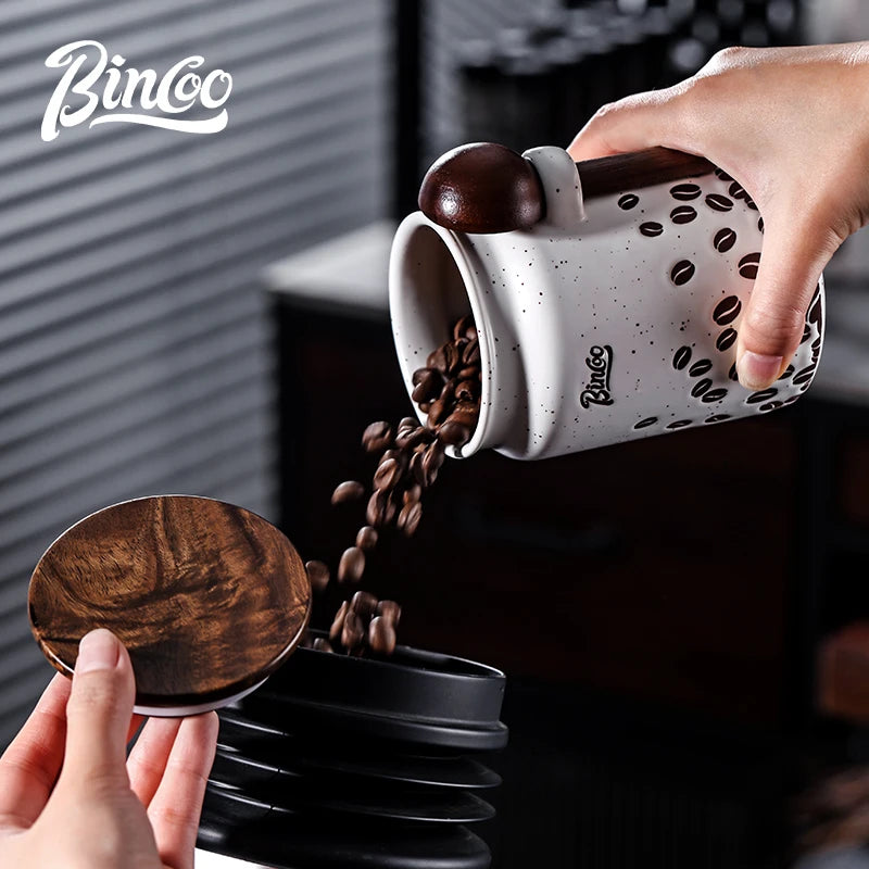 Bincoo 500ml Ceramic Coffee Canister – Airtight Wood Lid & Spoon Coffee Storage Canister Qst