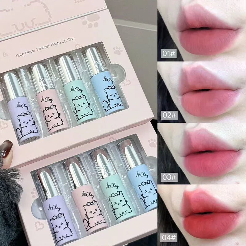 Kawaii Cat Velvet Nude Matte Lipstick Set – 4 Pcs Silky Matte Lipstick Set Qme