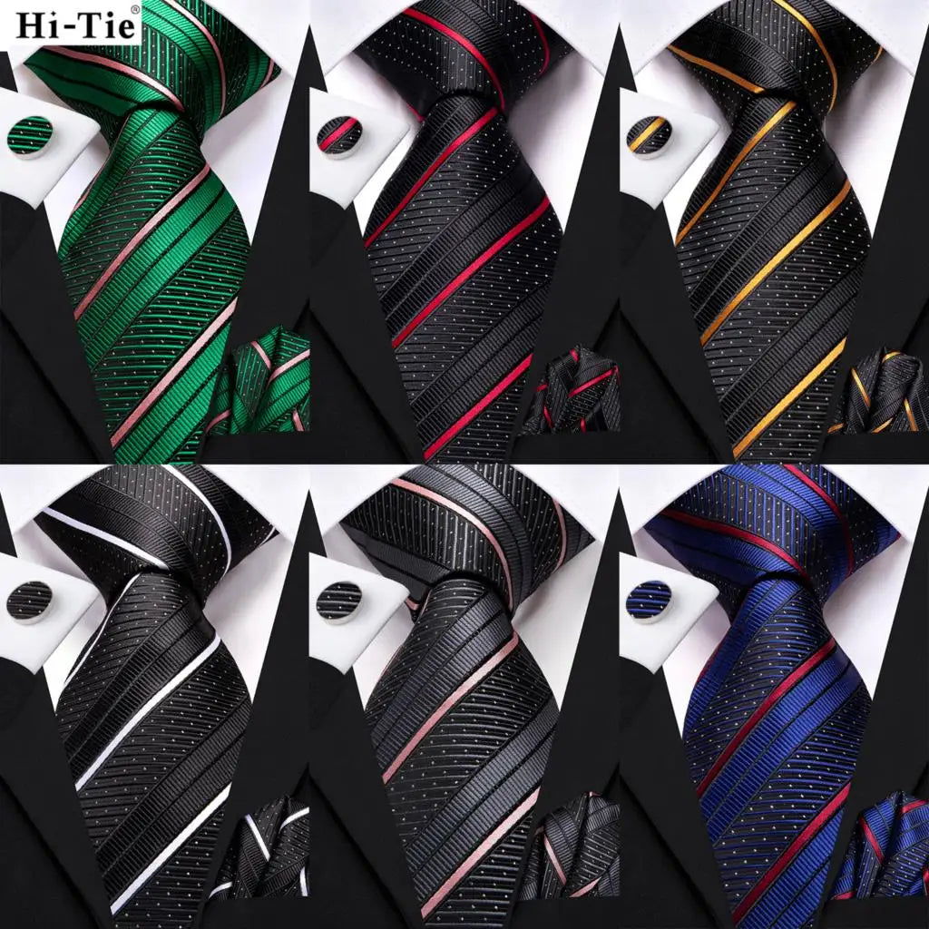 Hi-Tie Navy Blue Striped Necktie Handkerchief & Cufflinks Set Necktie Gift Set Qme
