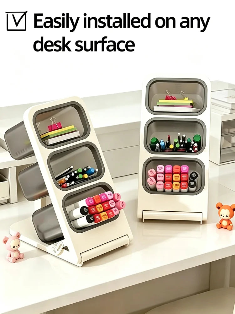 Multi-Layer 3-Grid Desktop Pen & Pencil Organizer – Detachable Desktop Pen Organizer Qme