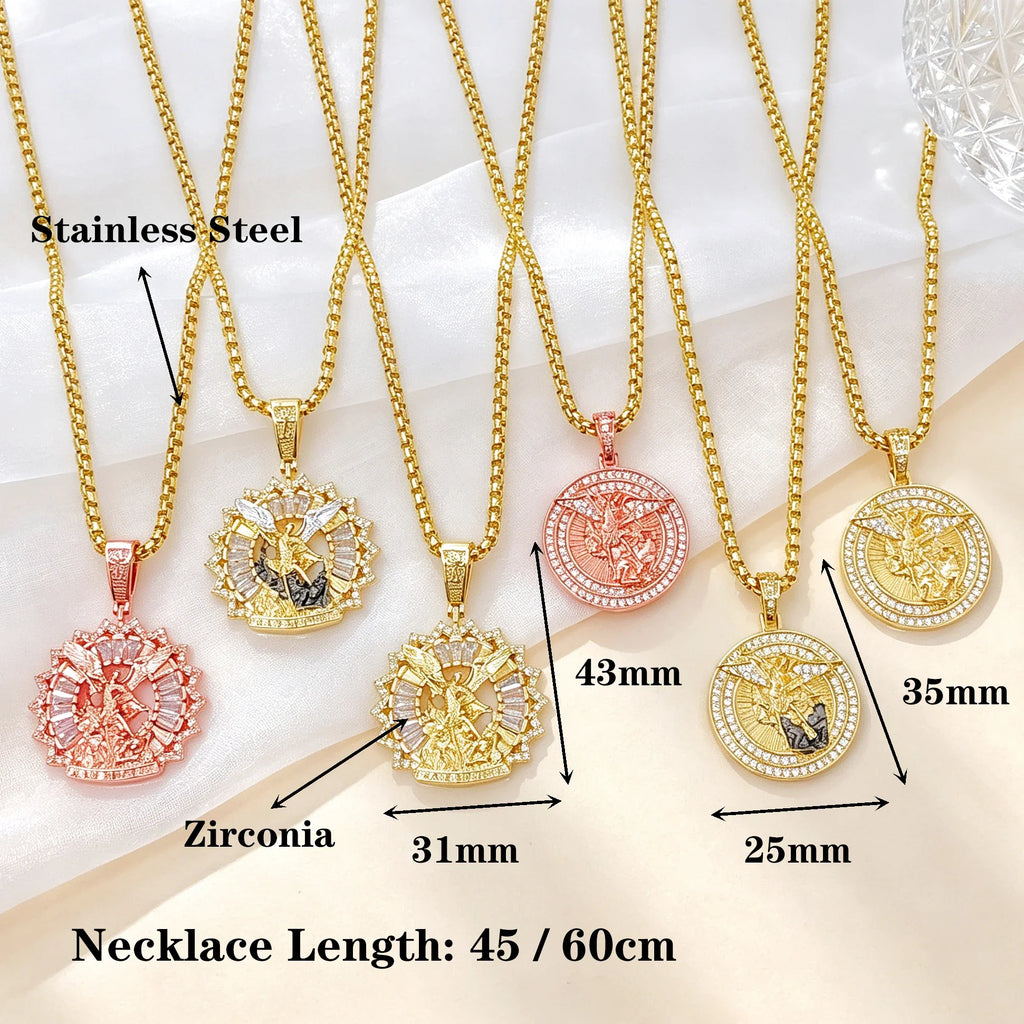 San Miguel Archangel Medallion Zircon Necklace | 6 Colors Religious Medallion Necklace Qme