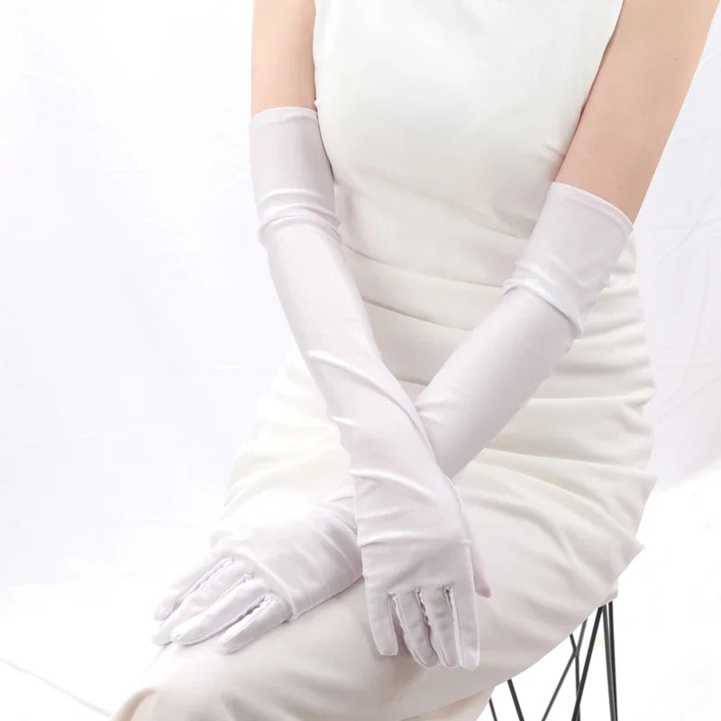 Women's Long Opera Gloves Elbow Length – Black, White & Red Opera Long Gloves Qme WHITE length 52cm
