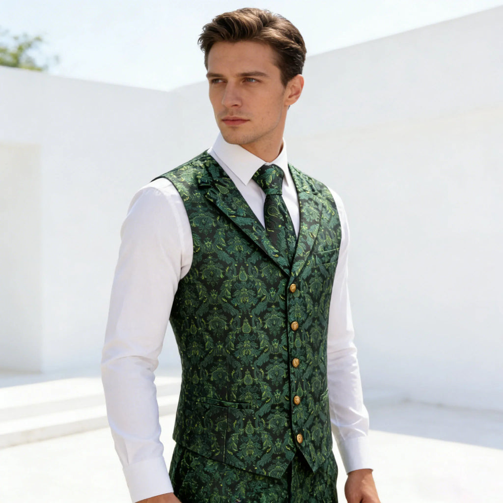 Men's Green Floral Waistcoat Vest, Tie, Hanky & Cufflinks Set Formal Waistcoat Set Qme