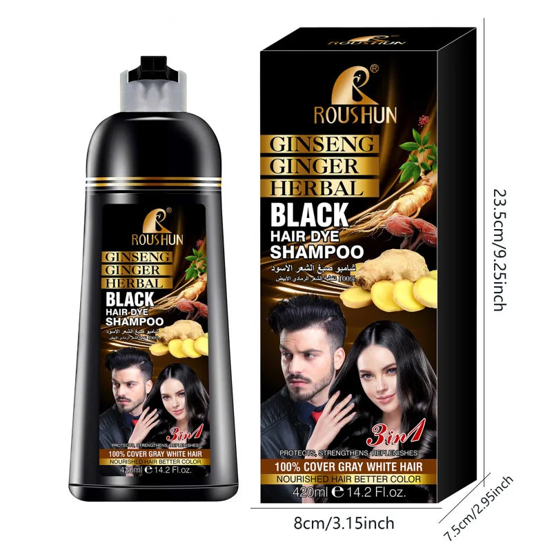ROUSHUN Black Hair Dye Shampoo Ginseng Ginger 3-in-1 420ml Hair Dye Shampoo Qst