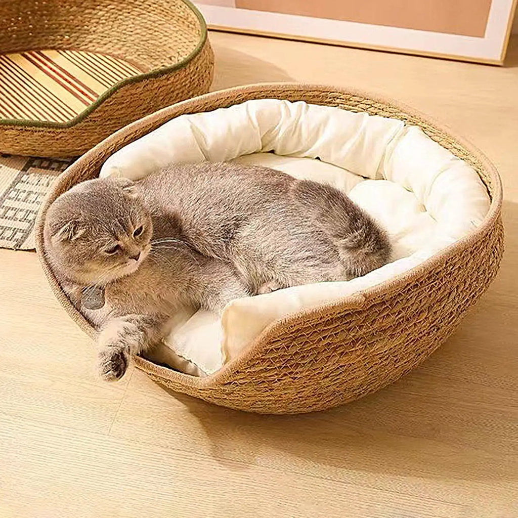 Woven Cotton Rope Round Cat Bed – All Season Pet Sleep Pillow Cat Bed Qme