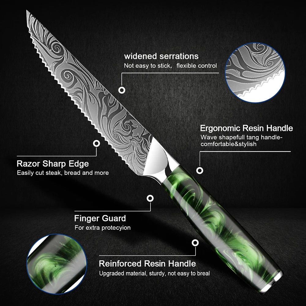 XITUO Serrated Steak Knife Set – Stainless Steel & Green Resin Steak Knife Set Qst