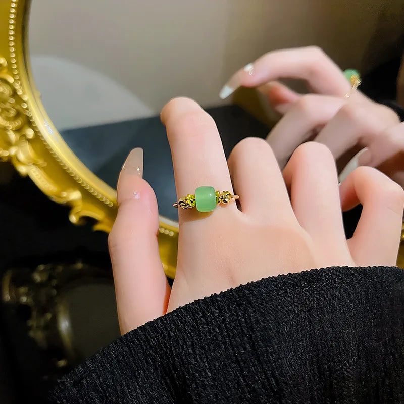 Imitation Jade Palace Ring Women | Adjustable Open Glass Ring Fashion Ring Qme