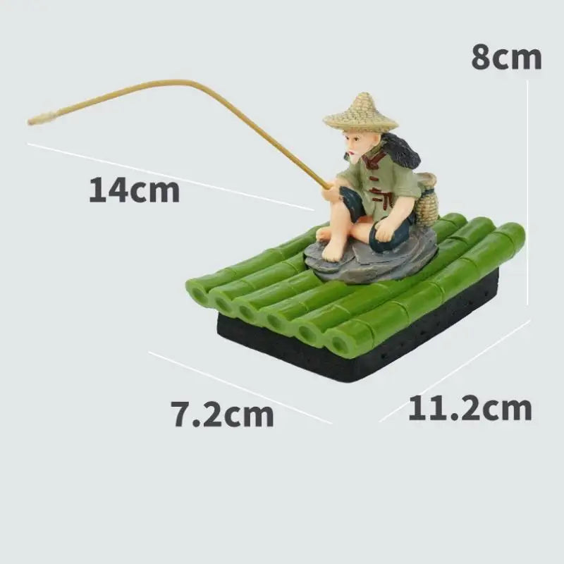 Bamboo Raft Fisherman Figurine | PVC Garden & Aquarium Statue Garden Figurine Qme
