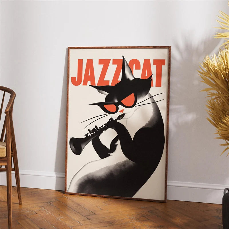 Vintage Jazz Black Cat Canvas Wall Art – Retro Music Poster Canvas Wall Art Qst