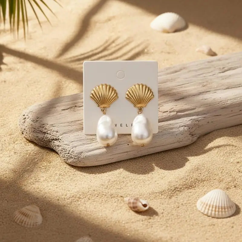 Bohemian Shell Pearl Gold Drop Earrings – Boho Beach Dangles Drop Earrings Qst