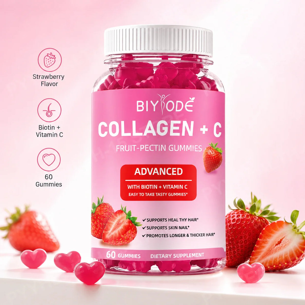 BIYODE Collagen Vitamin C Biotin Gummies – 60 Count Beauty Beauty Supplement Gummies Qst