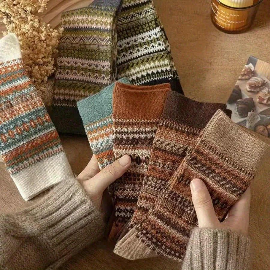 Vintage Fair Isle Crew Socks | Retro Ethnic Pattern Winter Socks Crew Socks Qme