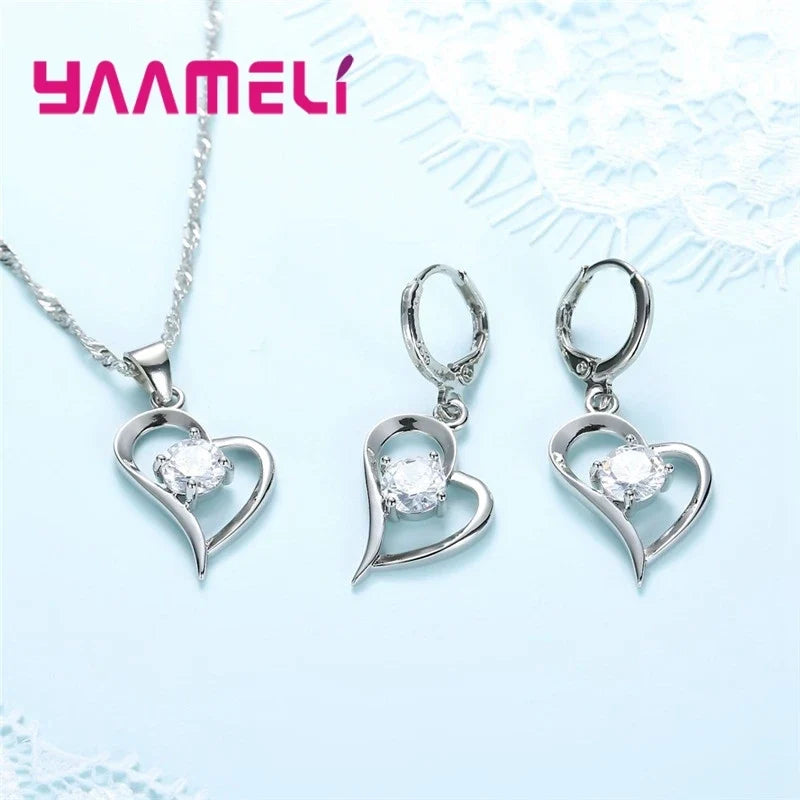 925 Sterling Silver Heart Jewelry Set – Necklace & Earrings Silver Jewelry Set Qme