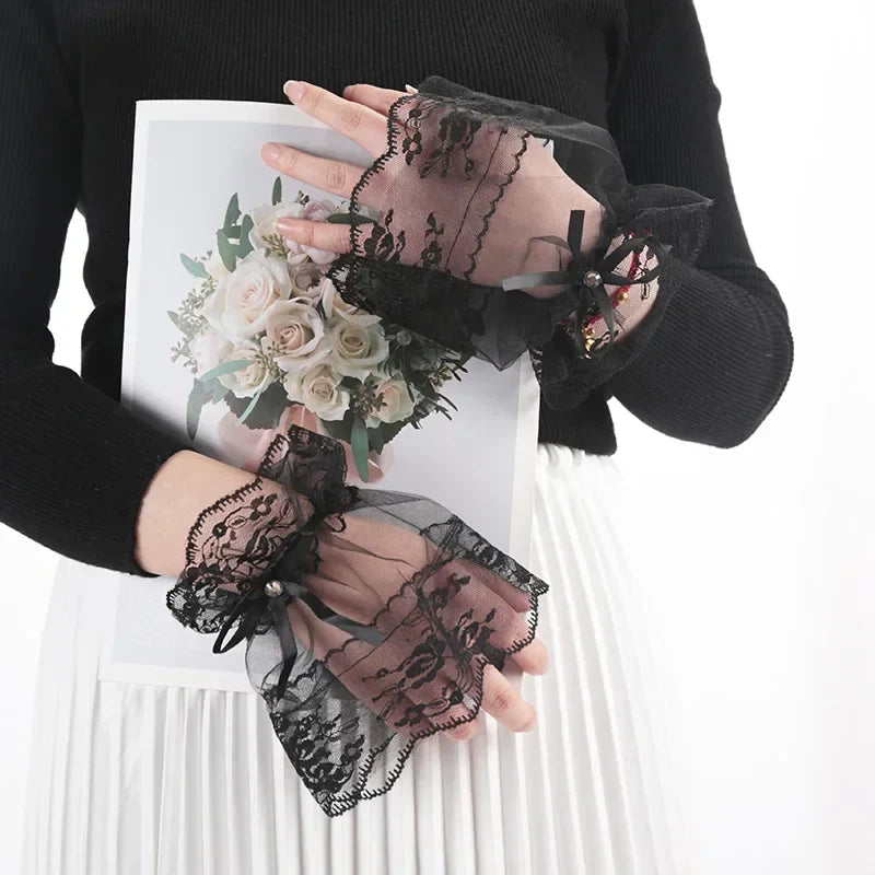 Women's Gothic Lace Mesh Horn Cuff Gloves – Ruffled Detachable Lace Arm Warmers Qme black