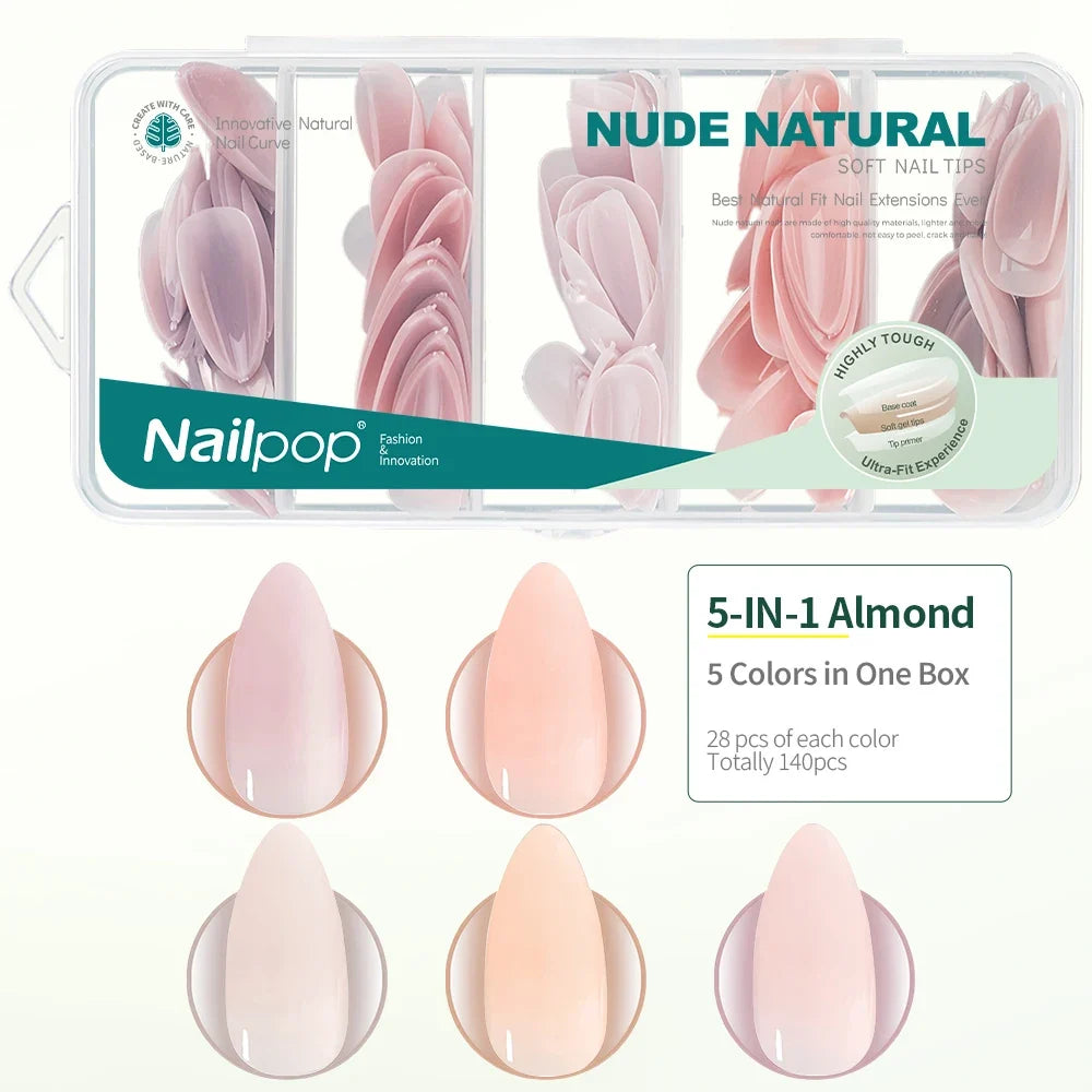 Nailpop 140pc Nude Pink Press-On False Nails – 5 Mixed Colors Press-On False Nails Qme 5 Color Almond