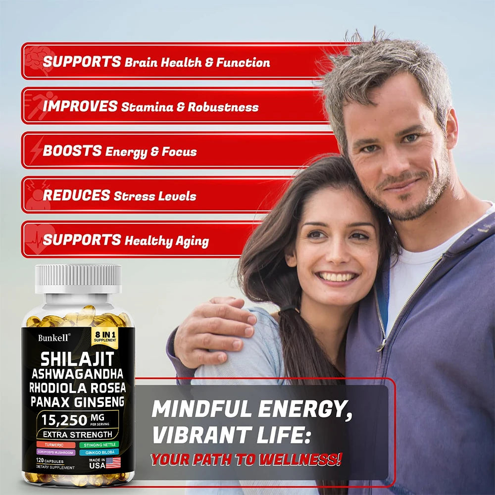 Shilajit 8-in-1 Capsules 15250mg – Ashwagandha Ginseng Turmeric Herbal Supplement Capsules Qst