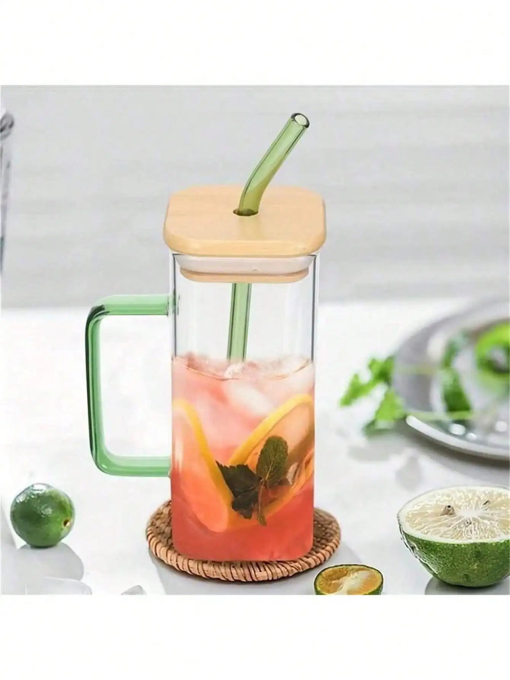 Bamboo Lid Square Glass Cup with Straw & Handle | Iced Coffee Glass Tumbler Qme