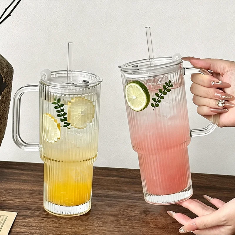 Striped Glass Cup with Handle, Lid & Straw – 600ml Glass Tumbler Set Qme