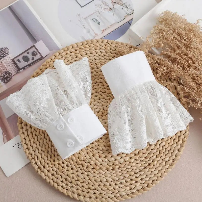 White Lace Detachable Cuffs – Bridal, Costume & Sweater Lace Wrist Cuffs Qst White