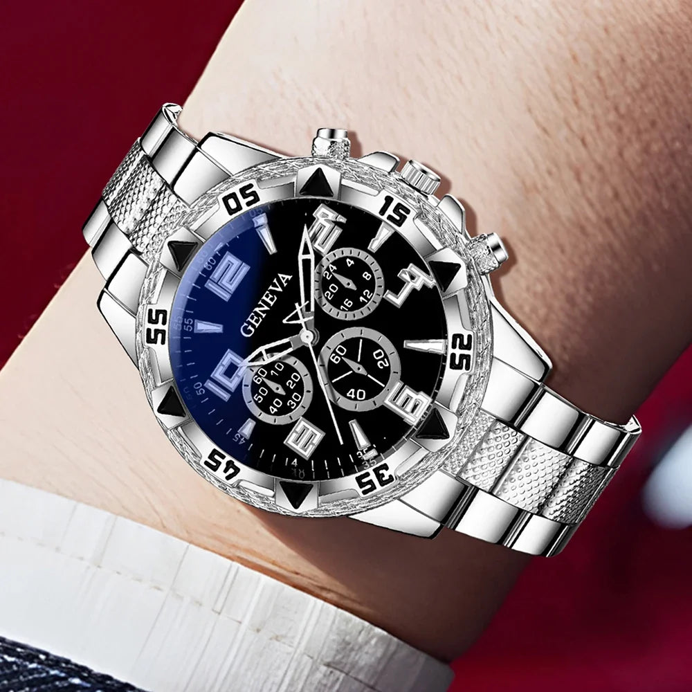 Hip Hop Iced Rhinestone Geneva Watch & Bracelet Set for Men Watch & Bracelet Set Qme