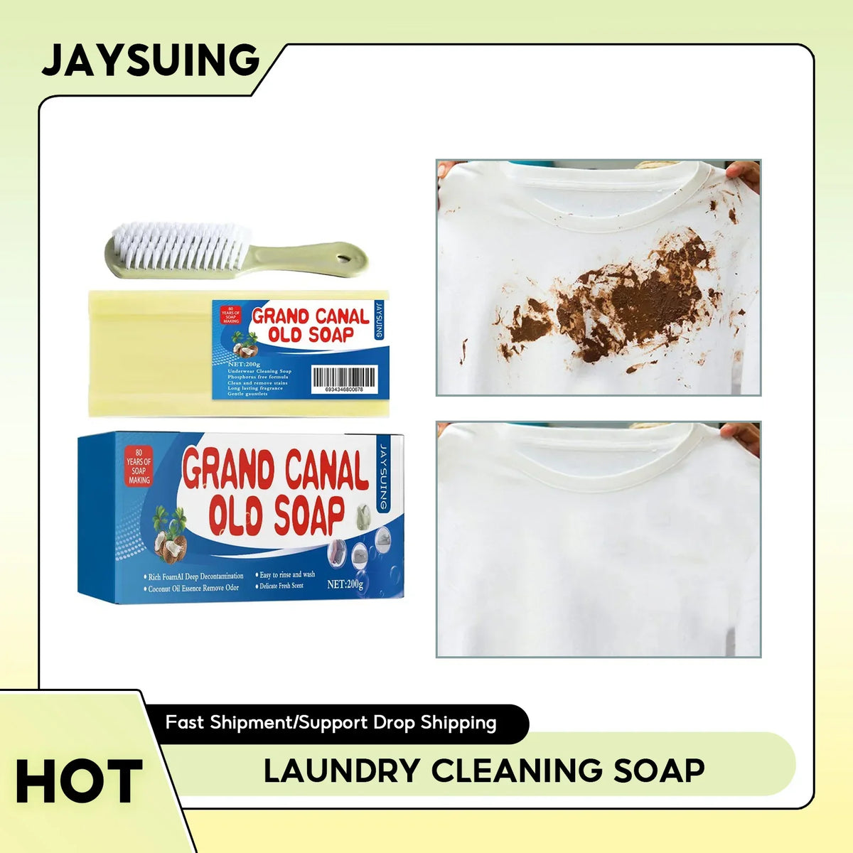 Grand Canal Stain & Odor Remover Laundry Soap with Brush Laundry Soap Bar Qme