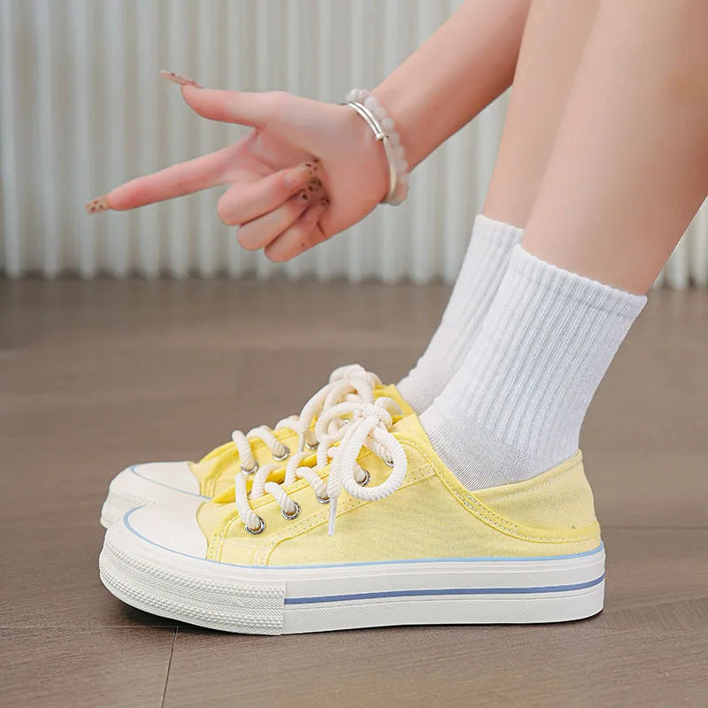 Women's Pink High Top Canvas Sneakers – Casual Lace-Up Flats Canvas High Top Sneakers Qst Yellow B 35