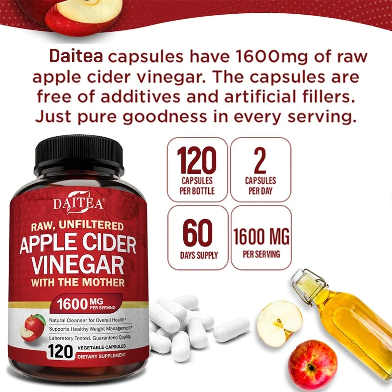 Raw Organic Apple Cider Vinegar Capsules 1600mg with Mother ACV Supplement Capsules Qst