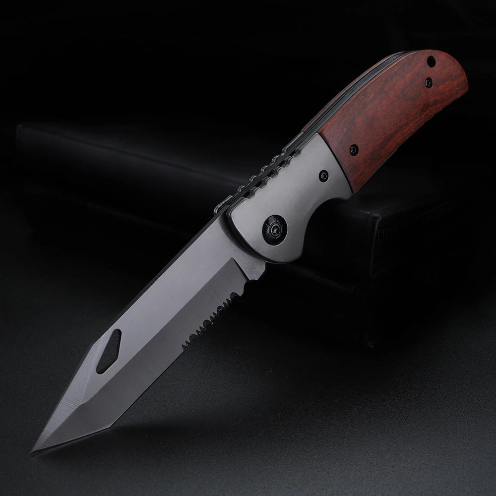 XUAN FENG Serrated Folding Knife – D2 Steel Wood Handle EDC Folding Outdoor Knife Qst wood