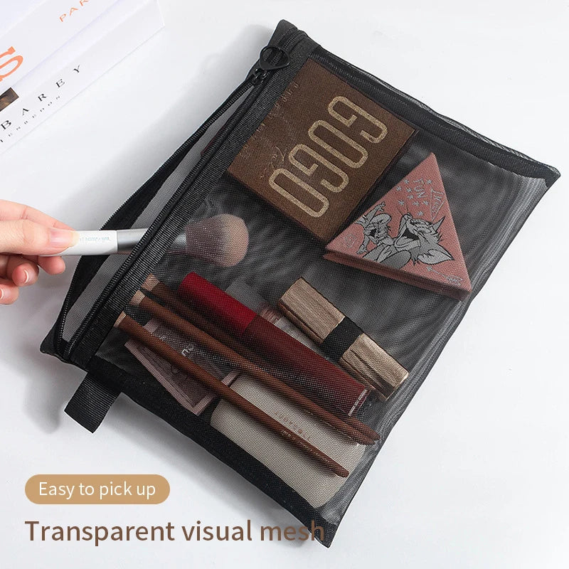 Large Capacity Mesh Cosmetic Bag & Zipper Pencil Case Pouch Mesh Cosmetic Bag Qme