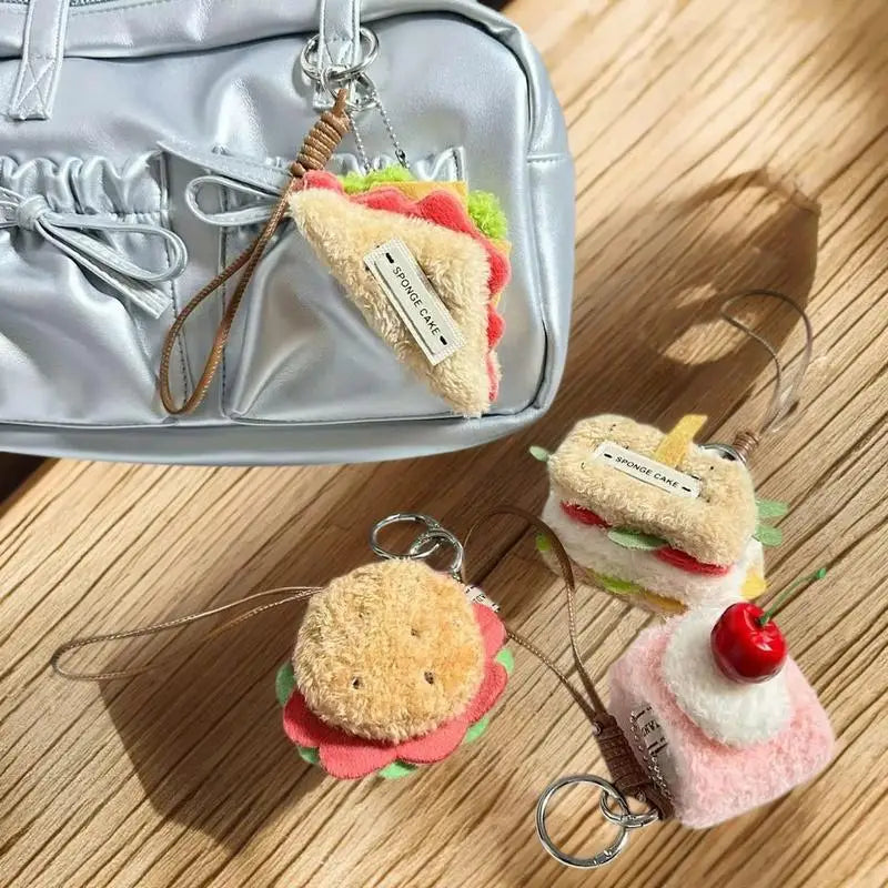 Food Plush Keychain – Hamburger, Sandwich & Cake Charm Novelty Plush Keychain Qme