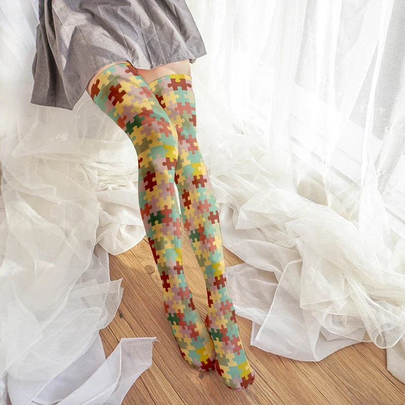 Harajuku Puzzle Plaid Knee Socks | Kawaii Novelty Stockings Novelty Knee Socks Qme