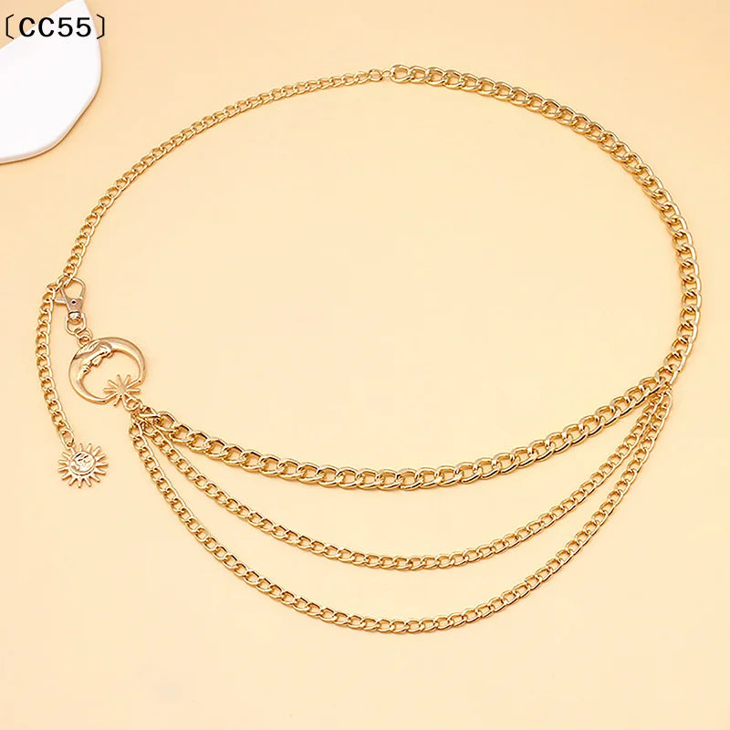Women's Moon Star Waist Chain Belt – Gold & Silver Alloy Waist Chain Belt Qst