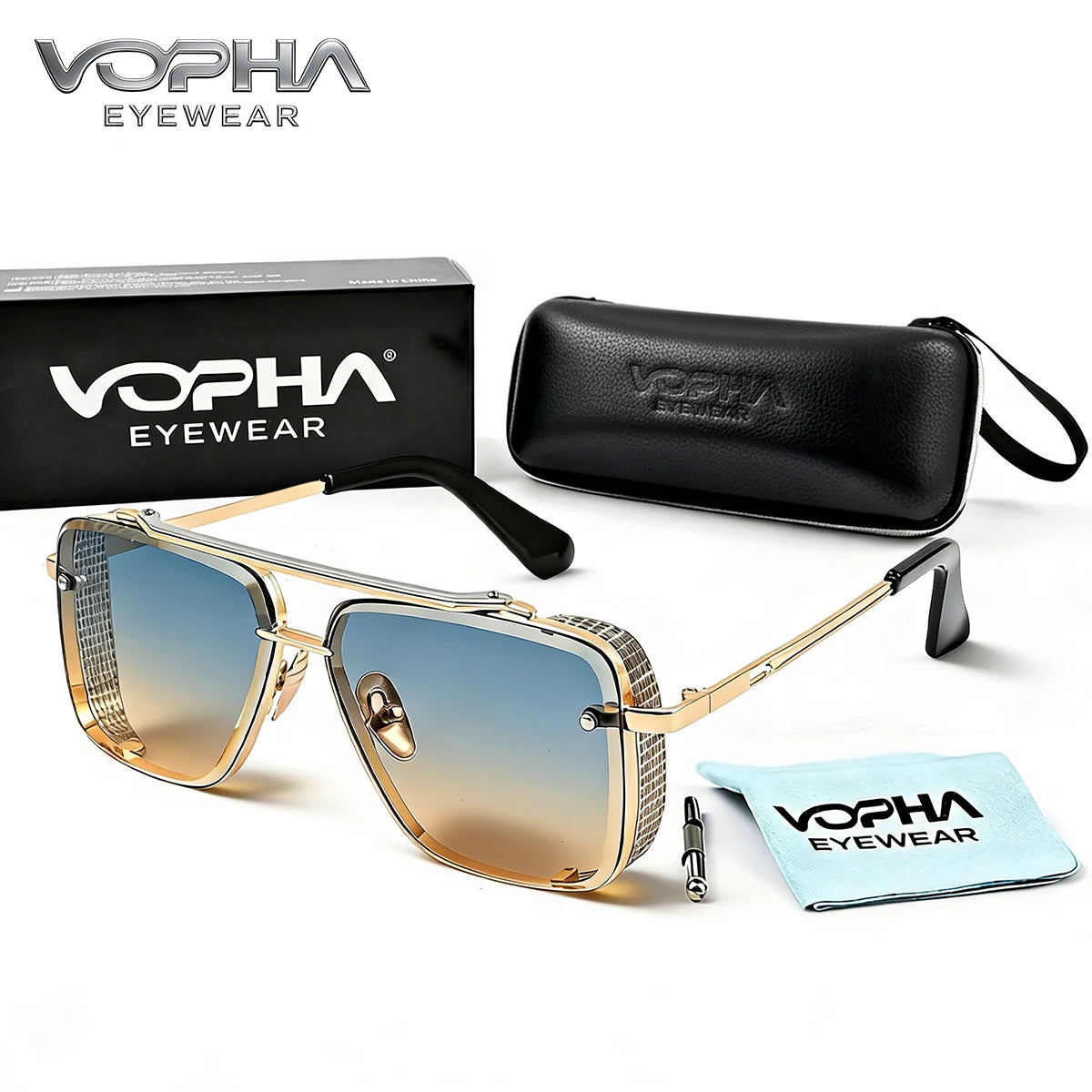 VOPHA Square Aviator Sunglasses UV400 Gradient Metal Vintage Fashion Sunglasses Qst C2