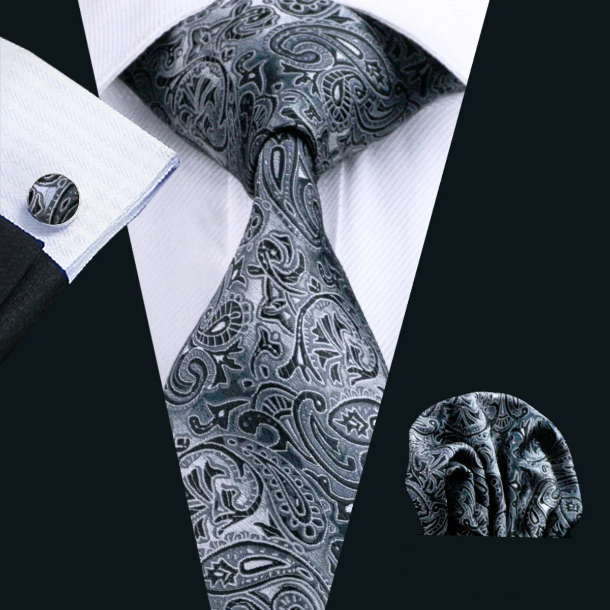 Barry Wang Black Geometric Silk Necktie & Handkerchief Set Necktie & Handkerchief Set Qme 0209