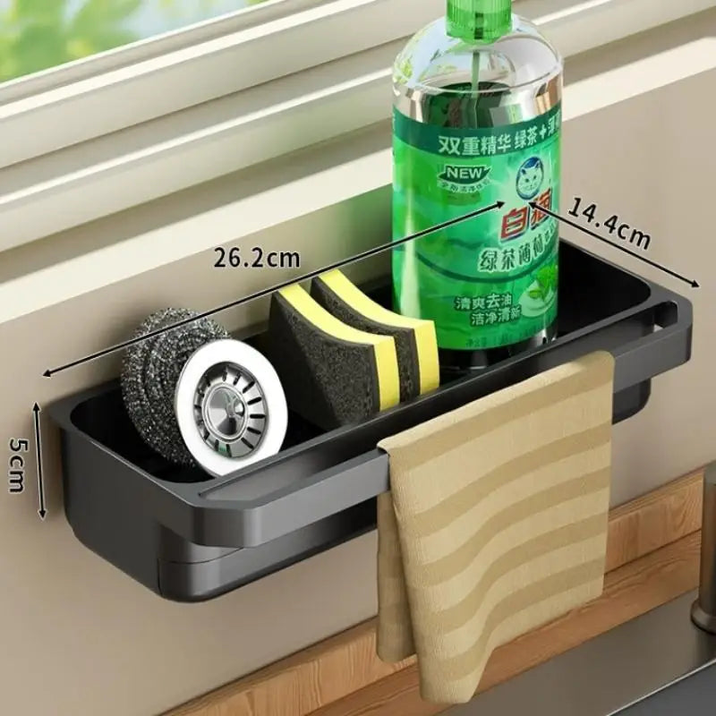 No-Drill Sink Caddy Sponge Rack & Dish Soap Towel Bar Sink Caddy Organizer Qme Black