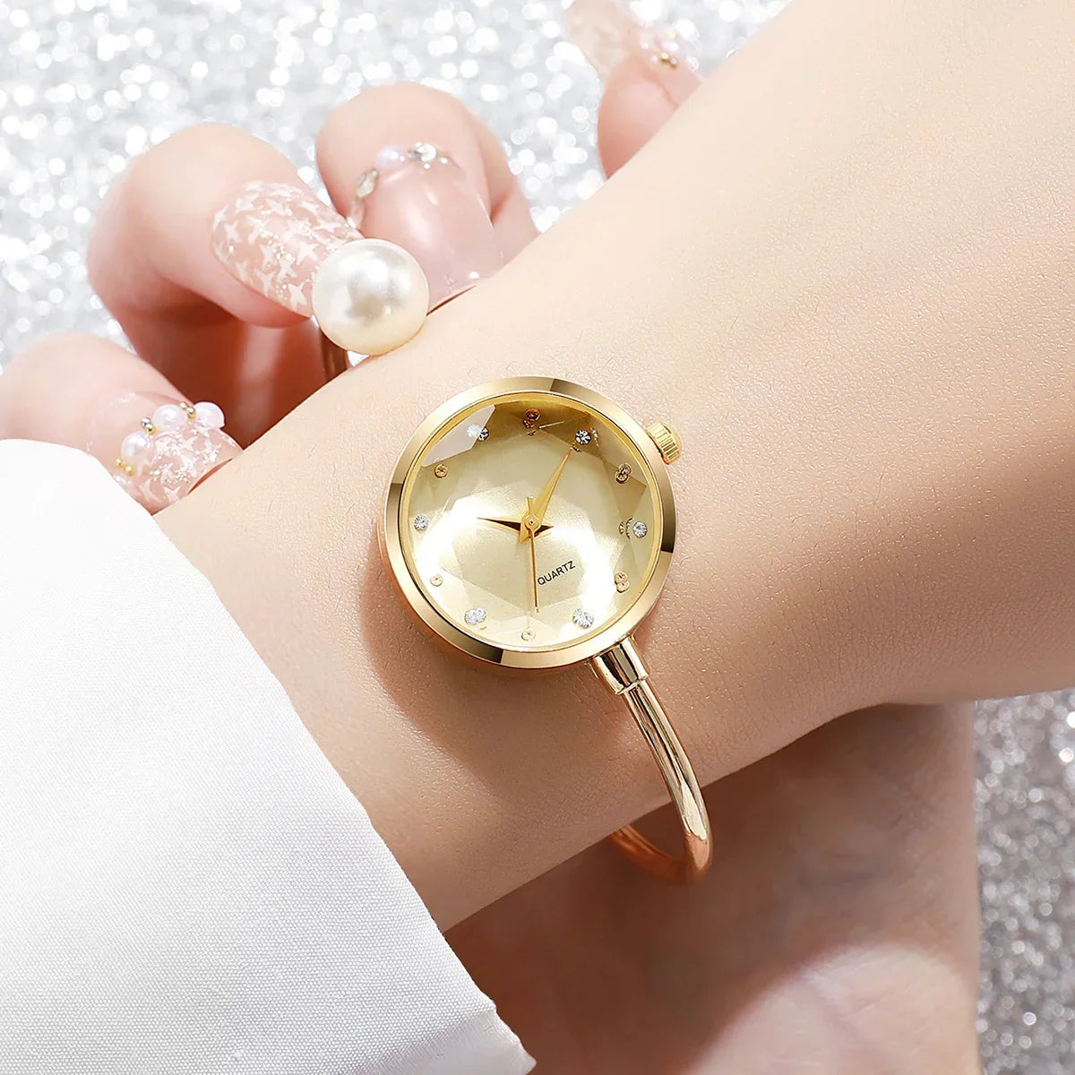 Women's Pearl Cuff Bangle Quartz Watch | Elegant Bracelet Bangle Bracelet Watch Qme