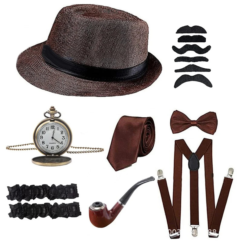 1920s Gatsby Cosplay Set – Hat, Pocket Watch, Bow Tie & More Costume Accessory Set Qst J