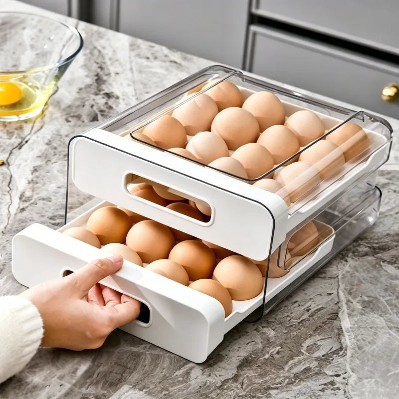 Double-Layer Pull-Out Fridge Egg Storage Box – 32 Grid Fridge Egg Organizer Qme