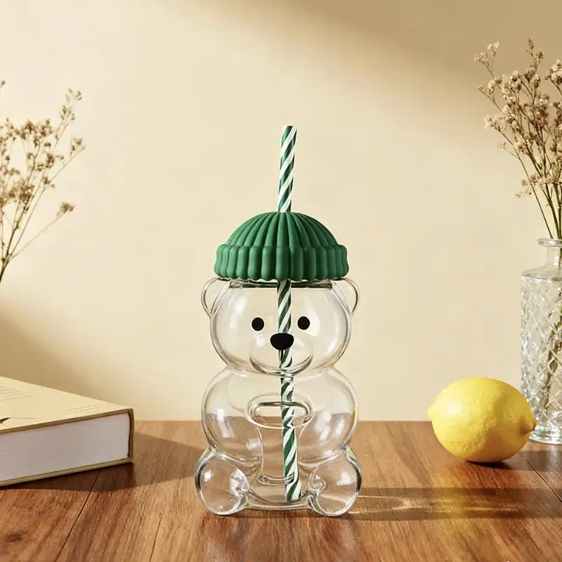 Cute Bear Shaped Plastic Cup with Straw – Cartoon Mug Novelty Drinkware Cup Qst