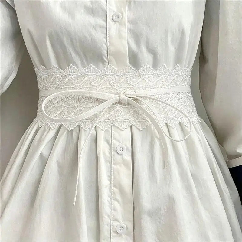 Vintage Boho Lace Bow Wide Waist Belt – Scalloped Edge Lace Waist Belt Qst A1