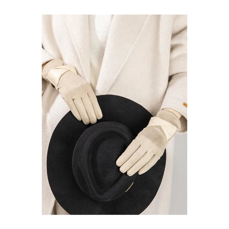 Women's Suede Velvet-Lined Windproof Winter Gloves with Bow Women's Winter Gloves Qme