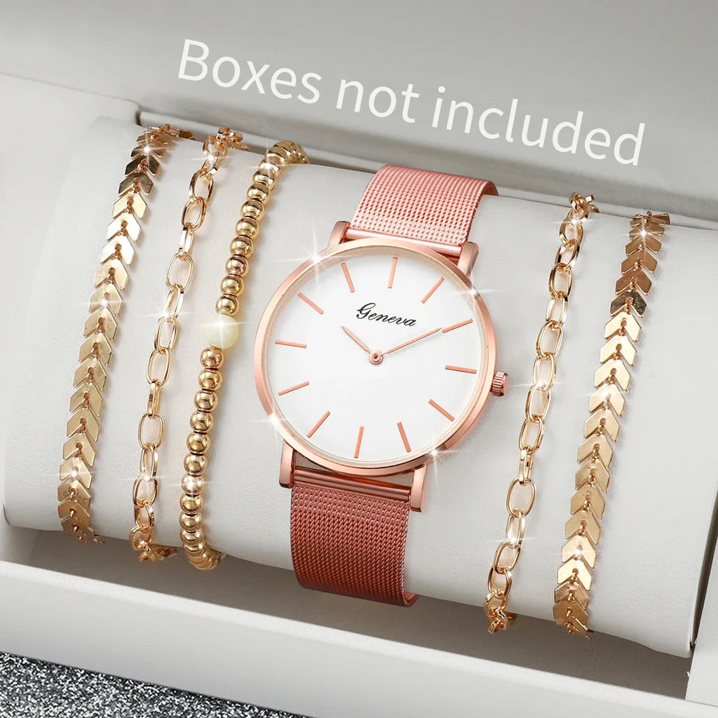 Women's Quartz Watch Simple Dial Mesh Band Bracelet Quartz Bracelet Watch Qme Rose