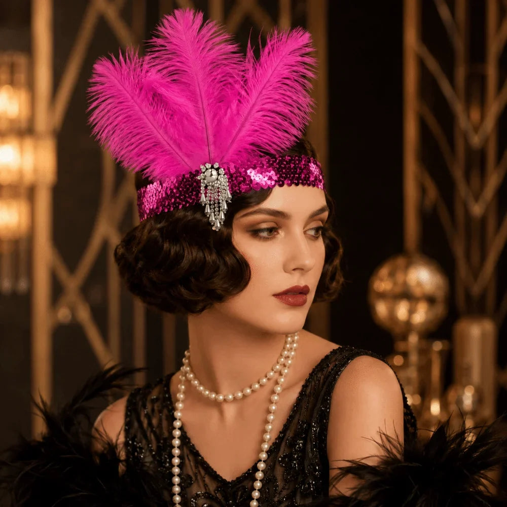 Retro 1920s Feather & Sequin Headband – Vintage Hair Hoop Feather Headband Qme