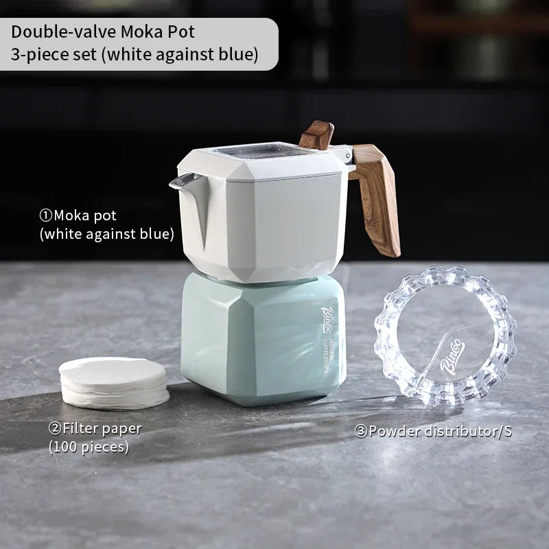 Bincoo Dual Valve Square Moka Pot – Aluminum Coffee Maker Stovetop Moka Pot Qst White Blue 3pcs