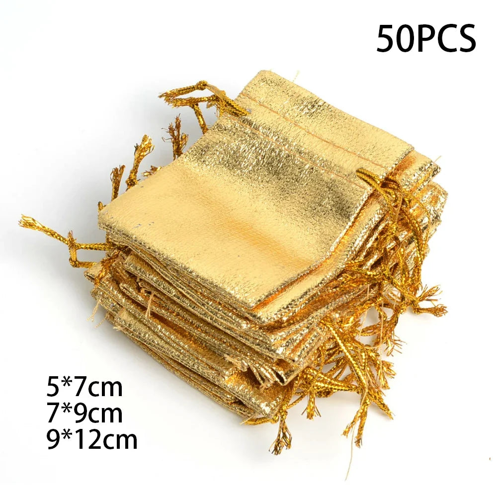 Metallic Foil Organza Drawstring Jewelry Pouches Silver Gold Jewelry Gift Pouches Qme